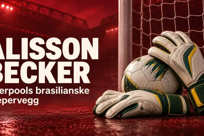 Keeperhansker og en fotball foran et mål på rød bakgrunn, med teksten «Alisson Becker – Liverpools brasilianske keepervegg».