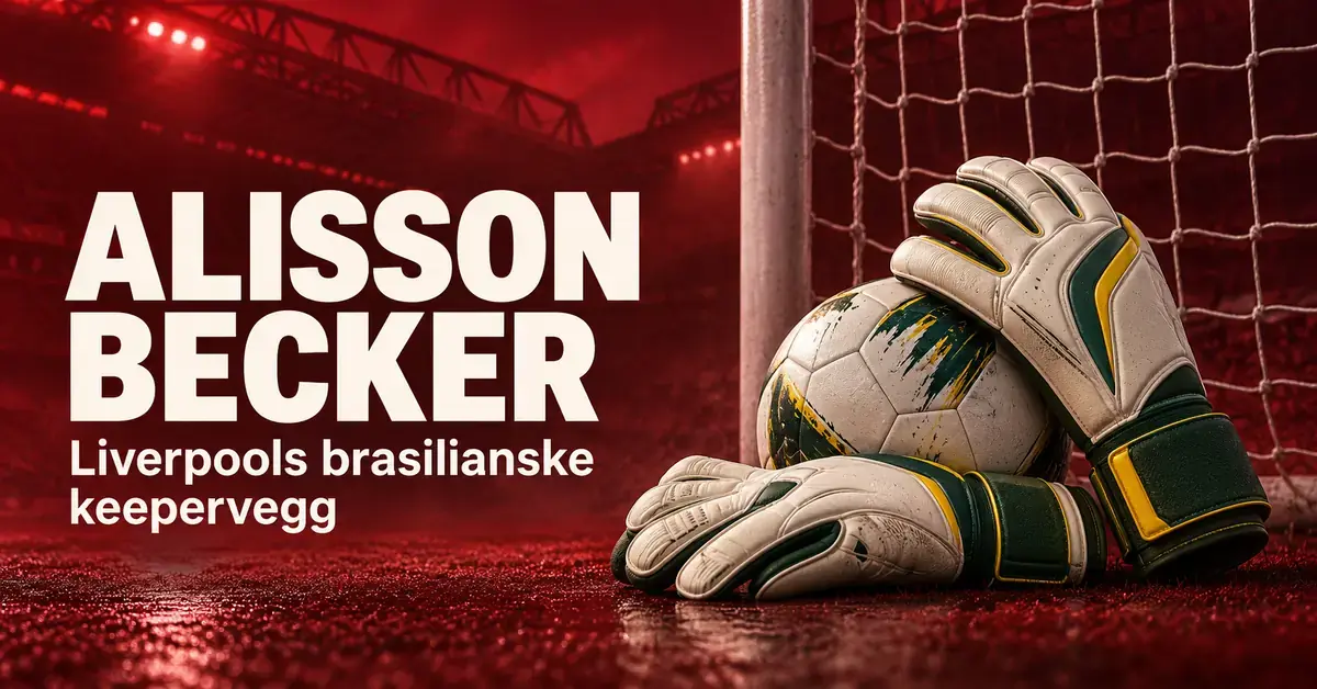 Keeperhansker og en fotball foran et mål på rød bakgrunn, med teksten «Alisson Becker – Liverpools brasilianske keepervegg».