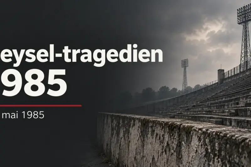 Illustrasjon av tomme stadiontribuner, en betongmur og flomlysmaster under en mørk himmel, med teksten «Heysel-tragedien 1985» og datoen 29. mai 1985.