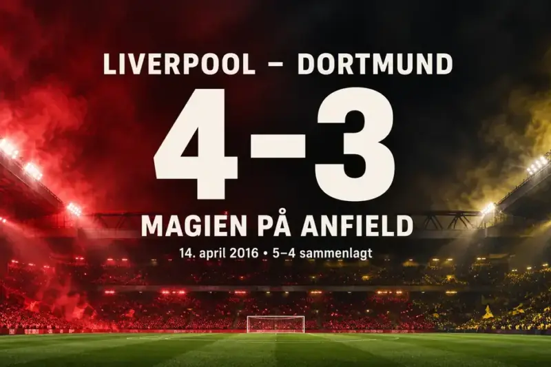 Kampgrafikk med et flombelyst stadion i rødt og gult, teksten «Magien på Anfield» og Liverpools 4–3-seier over Dortmund 14. april 2016, med 5–4 sammenlagt.