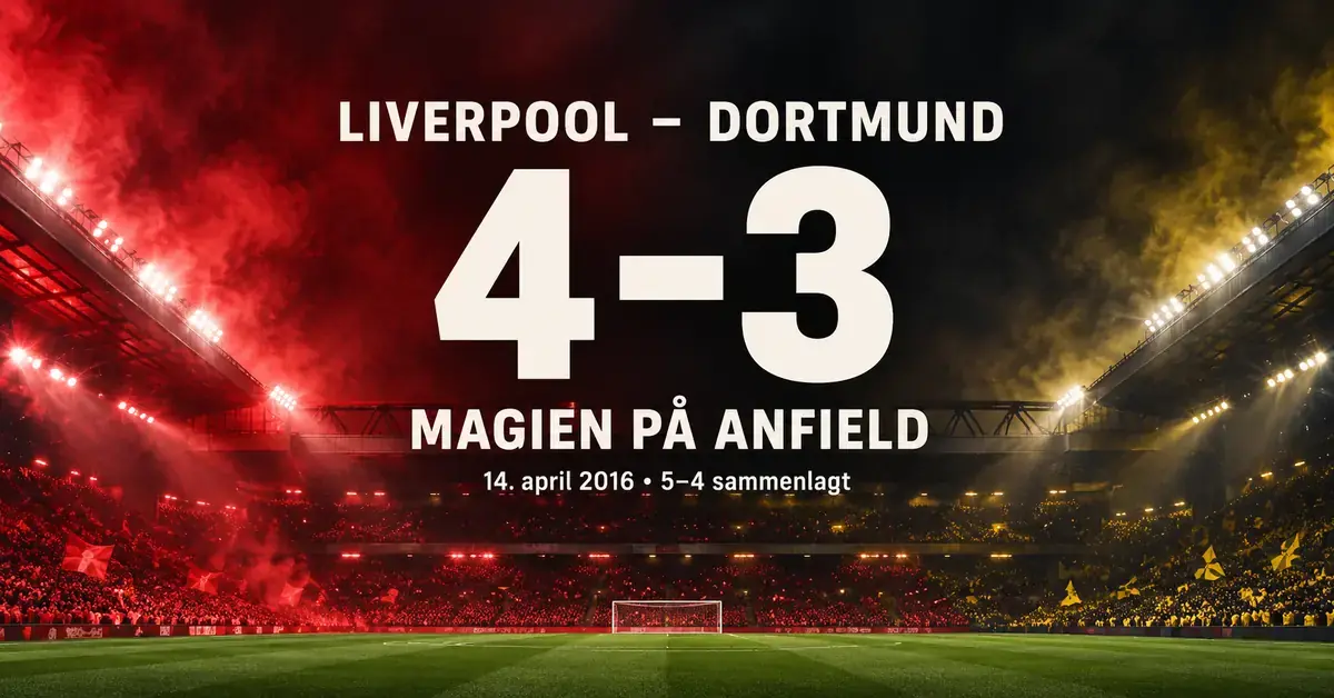 Kampgrafikk med et flombelyst stadion i rødt og gult, teksten «Magien på Anfield» og Liverpools 4–3-seier over Dortmund 14. april 2016, med 5–4 sammenlagt.