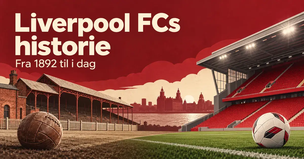 Illustrasjon av Liverpool FCs historie fra 1892 til i dag, med en gammel fotballbane og lærball til venstre og et moderne stadion og en fotball til høyre.