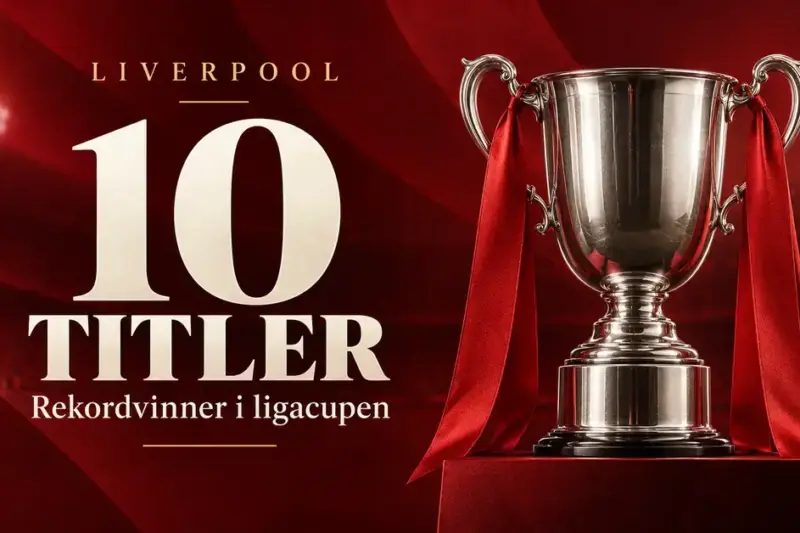 Grafikk med en sølvpokal med røde bånd og teksten «Liverpool – 10 titler – Rekordvinner i ligacupen» på rød bakgrunn.