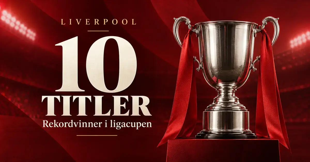 Grafikk med en sølvpokal med røde bånd og teksten «Liverpool – 10 titler – Rekordvinner i ligacupen» på rød bakgrunn.