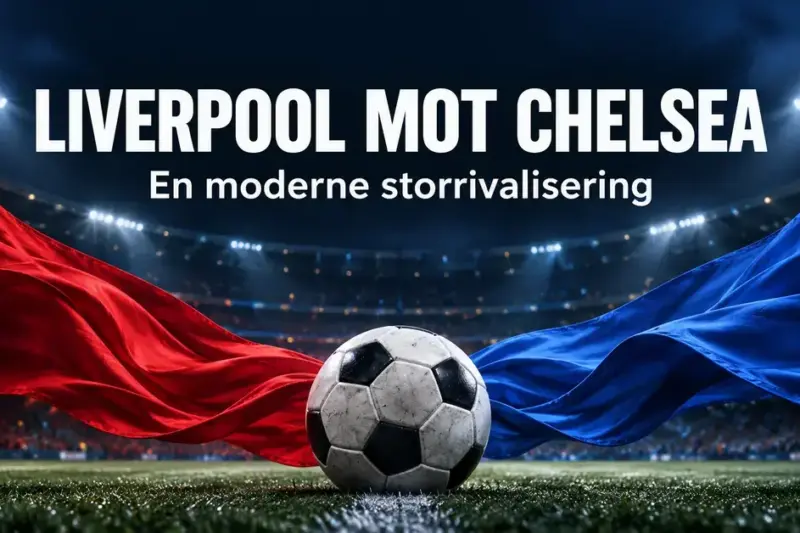 En fotball mellom rødt og blått stoff på en flombelyst stadion, med teksten «Liverpool mot Chelsea – En moderne storrivalisering».