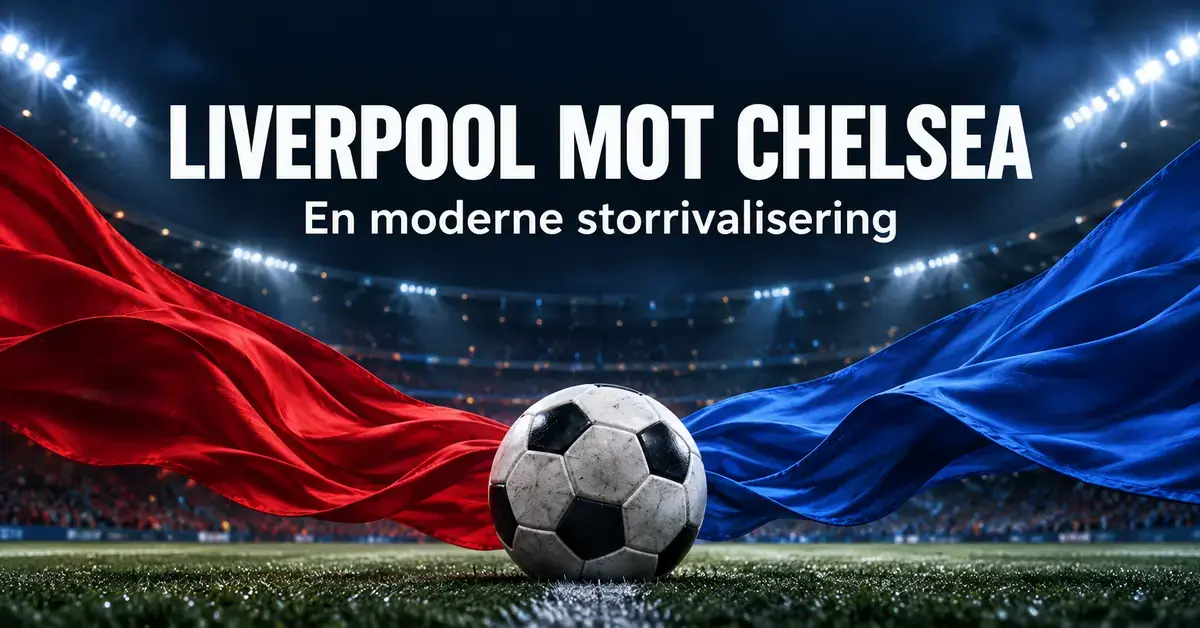 En fotball mellom rødt og blått stoff på en flombelyst stadion, med teksten «Liverpool mot Chelsea – En moderne storrivalisering».