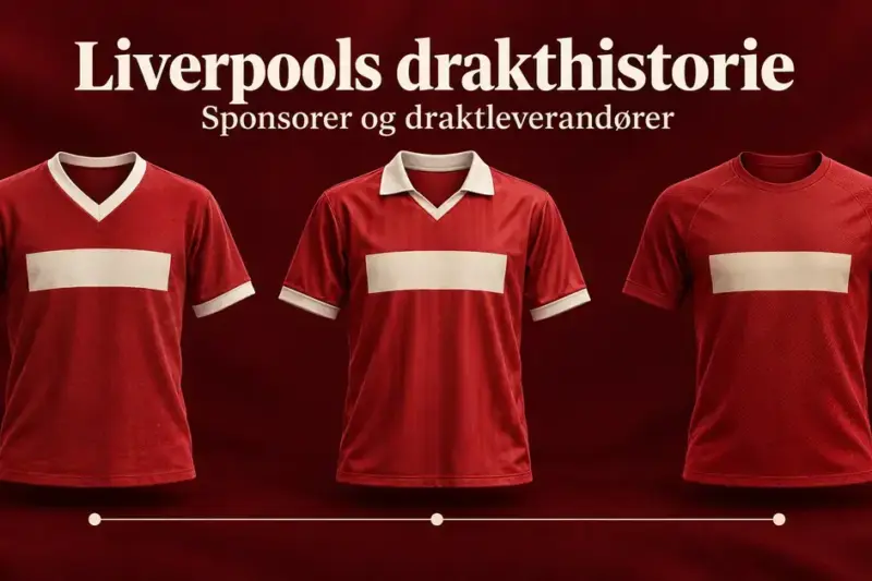 Tre røde fotballdrakter med ulike krager og nøytrale sponsorfelt illustrerer Liverpools drakthistorie mot en mørkerød bakgrunn.