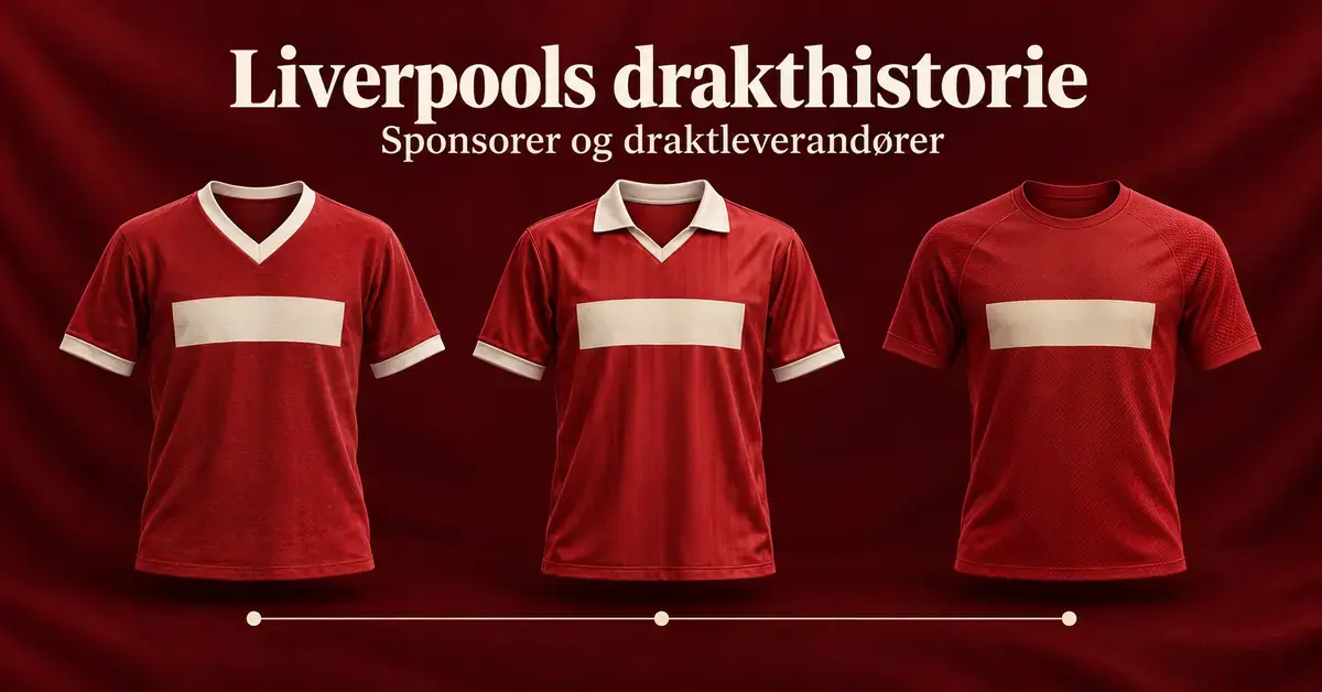Tre røde fotballdrakter med ulike krager og nøytrale sponsorfelt illustrerer Liverpools drakthistorie mot en mørkerød bakgrunn.