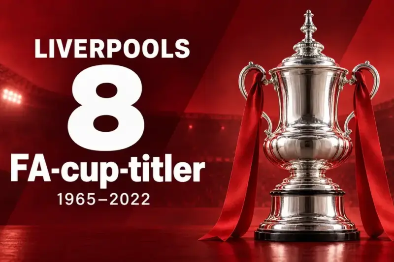 Sølvpokal med røde bånd mot en rød stadionbakgrunn og teksten «Liverpools 8 FA-cup-titler 1965–2022».