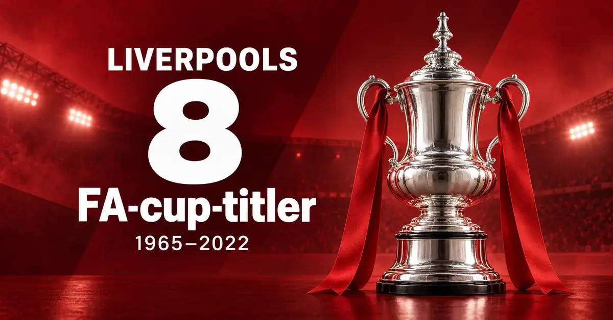 Sølvpokal med røde bånd mot en rød stadionbakgrunn og teksten «Liverpools 8 FA-cup-titler 1965–2022».