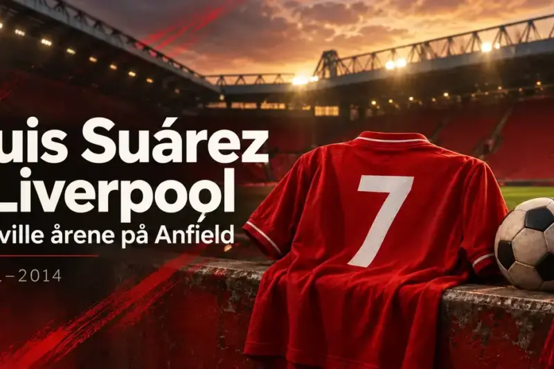 Rød fotballdrakt med nummer 7 og en fotball foran en opplyst stadion, med teksten «Luis Suárez i Liverpool – De ville årene på Anfield» og årstallene 2011–2014.