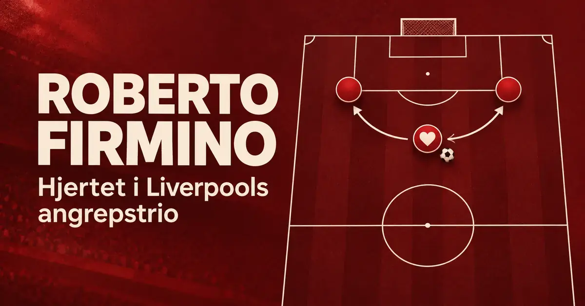 Grafikk med teksten «Roberto Firmino – Hjertet i Liverpools angrepstrio» og en fotballbane der tre røde brikker, pasningspiler og et hjerte symboliserer samspillet i angrepet.