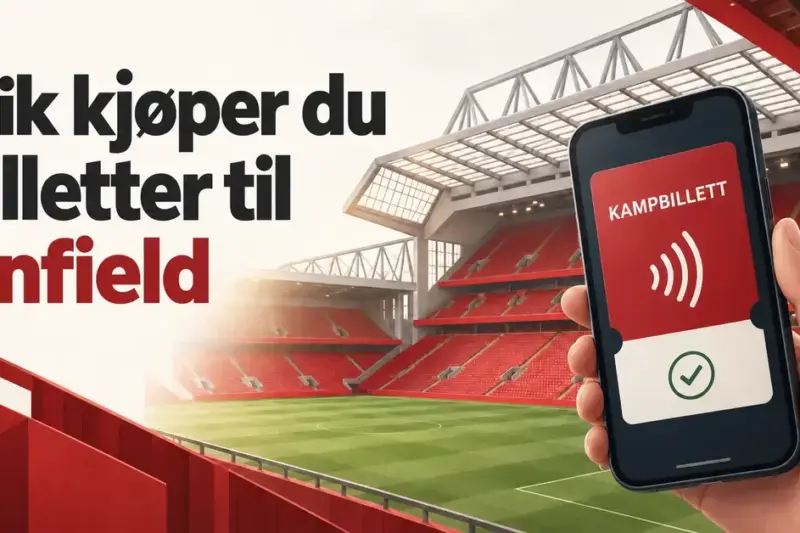 Illustrasjon av en mobil med digital kampbillett foran røde tribuner og en grønn fotballbane, med teksten «Slik kjøper du billetter til Anfield».